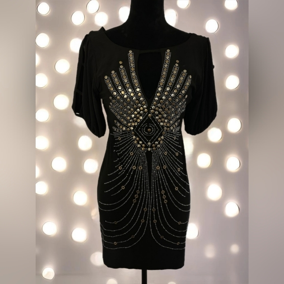 Bisou Bisou Dresses & Skirts - Black and Gold Embellished Cut Out Dress